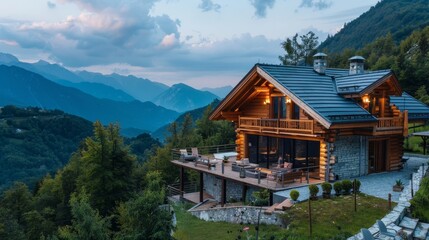 A cozy wooden cottage with a sloped roof and panoramic mountain views  AI generated illustration