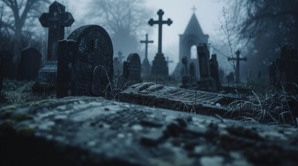 A creepy old cemetery with twisted tombstones  AI generated illustration - obrazy, fototapety, plakaty
