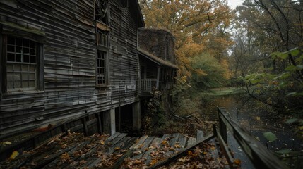 A creepy old mill with creaking boards and broken windows  AI generated illustration