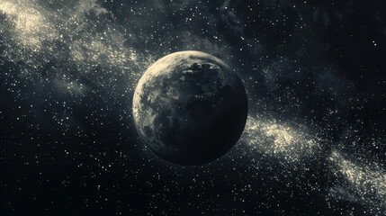Dark planet against a starry night sky evoking cosmic mystery.