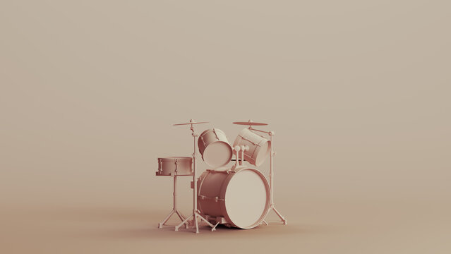 Drum kit cymbals percussion musical instrument neutral backgrounds soft tones beige brown background 3d illustration render digital rendering