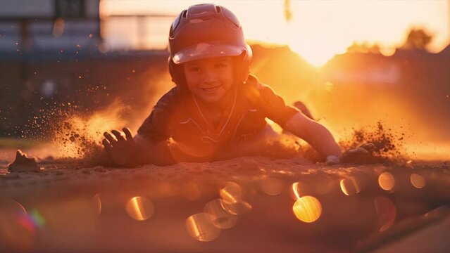 A young boy playing baseball sliding into home base head first at sunset. Camera pulling focus and pushing towards player in slow motion, freezing the action.