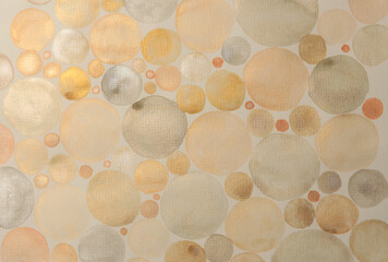 Gold bronze glitter ink watercolor circle stain blot on beige grain paper texture background.