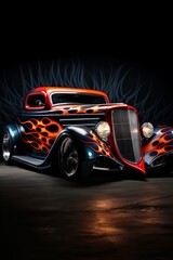 A custom-built hot rod with flames painted on the hood and side panels