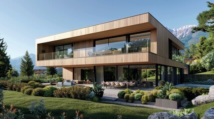 A modern property with a wooden facade and panoramic window views  AI generated illustration