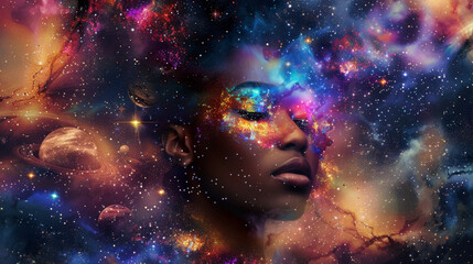 A stunning portrait of a black woman surrounded by a rainbow of colors reminiscent of a galaxy bursting with vibrant stars and planets. She is the embodiment of celestial beauty with .