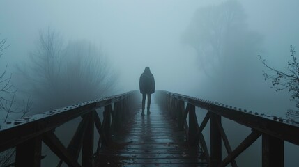 A mysterious figure standing on a foggy bridge  AI generated illustration - obrazy, fototapety, plakaty