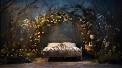 Artfully composed image featuring a garden-inspired iron bed, captured in breathtaking - obrazy, fototapety, plakaty