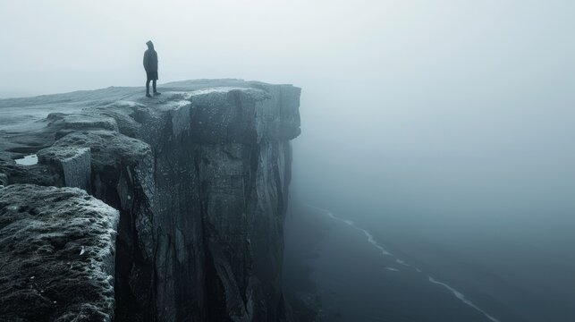 A mysterious figure standing at the edge of a cliff  AI generated illustration
