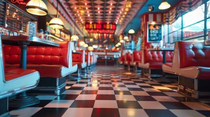 A retro diner with checkered floors and vinyl booths  AI generated illustration