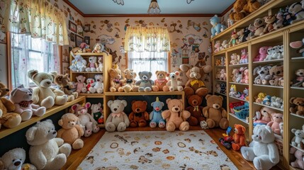 A room filled with adorable stuffed animals and toys  AI generated illustration
