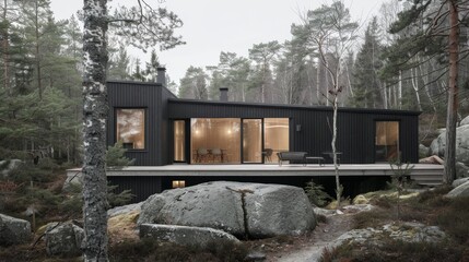 A serene forest retreat with a modern Scandinavian house  AI generated illustration