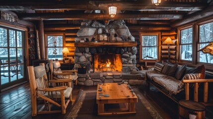 A rustic cabin with a cozy fireplace and wooden furniture  AI generated illustration
