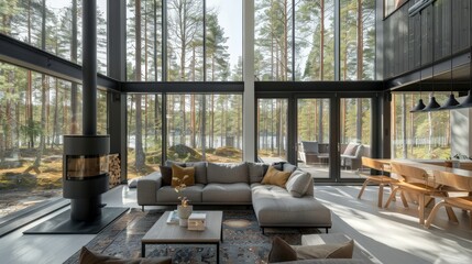 A serene forest retreat with a modern Scandinavian house  AI generated illustration