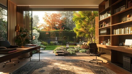 A serene home office with a large window overlooking a peaceful garden  AI generated illustration