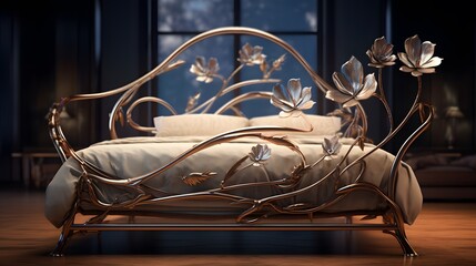 A luxurious flower-style iron bed, capturing intricate details in high-definition elegance.