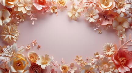 Paper Flowers Arranged in a Circle on Pink Background