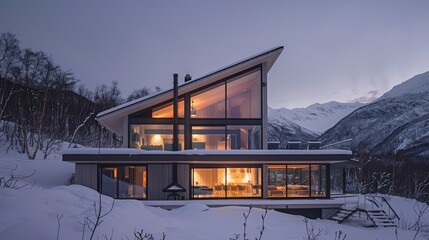 Fototapeta na wymiar A sleek Scandinavian house with large windows overlooking the mountains AI generated illustration
