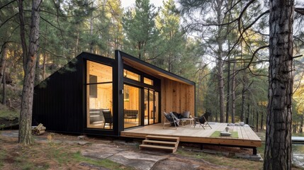 A sleek wooden cabin surrounded by pine trees and a forest backdrop  AI generated illustration