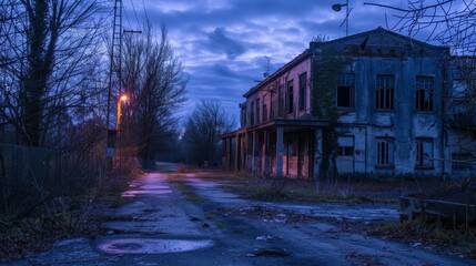 Obraz premium A spooky abandoned factory at dusk AI generated illustration