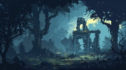 A spooky forest with ancient ruins  AI generated illustration - obrazy, fototapety, plakaty