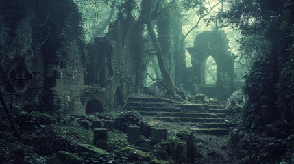 A spooky forest with ancient ruins  AI generated illustration - obrazy, fototapety, plakaty