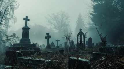 A spooky graveyard with eerie mist drifting through the tombstones  AI generated illustration