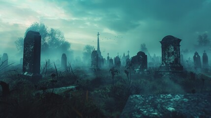 A spooky graveyard with eerie mist drifting through the tombstones  AI generated illustration - obrazy, fototapety, plakaty