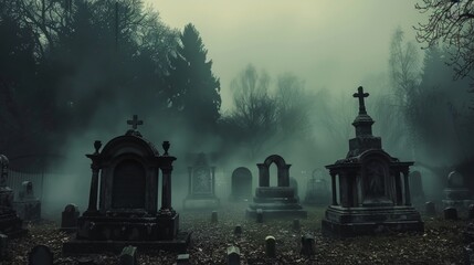 A spooky graveyard with mist swirling around the tombstones  AI generated illustration - obrazy, fototapety, plakaty