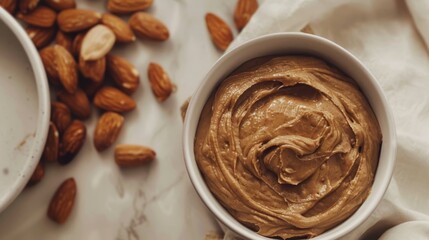 Creamy almond butter in a white ceramic bowl beside whole almonds, arranged on a marble surface. Top view of a healthy vegan spread with a smooth texture.