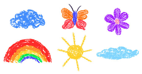 Set with childlike crayon elements in naive style