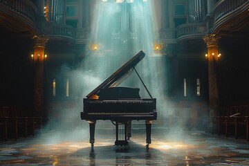 Majestic grand piano under spotlight on a concert hall stage with dramatic beams of light. Elegant musical performance setup in a classical venue.