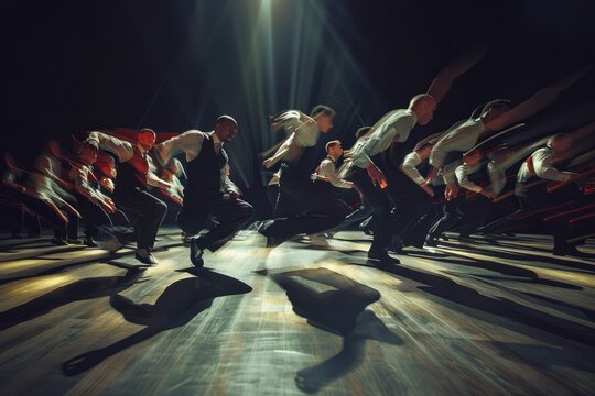 A group of tap dancers creating a rhythmic symphony with their fast-paced footwork and intricate rhythms
