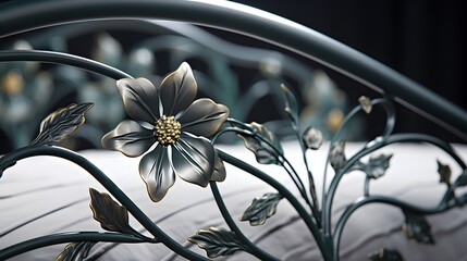 Detailed view of a floral motif iron bed frame, seamlessly blending nature and  in