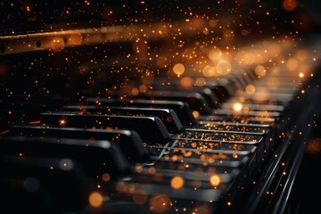 Piano keys close-up with glittering golden bokeh lights, creating a festive and luxurious musical atmosphere. An abstract representation of celebration in music with an elegant touch.