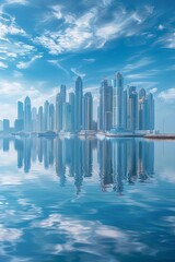 Fototapeta premium A modern coastal city with tall buildings and structures in the background, their reflections shimmering on the large body of water in the foreground