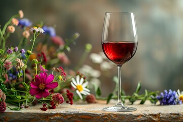 Wine glass on vibrant summer bacakground