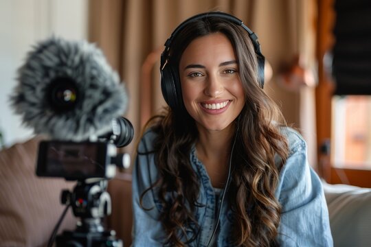 Smiling young woman vlogging with professional camera and microphone. Indoor lifestyle video creation concept with natural lighting.