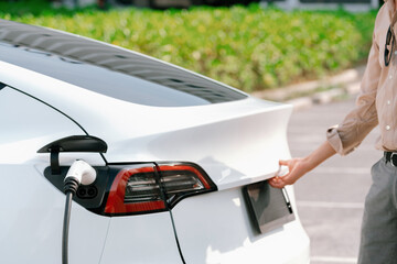 Young woman open trunk while EV car recharging battery from charging station in parking lot....