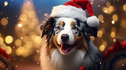 Cute puppy wearing santa hat