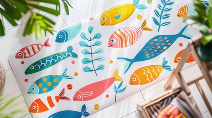 Naklejka premium Blank mockup of a rubber nonslip bathroom mat with a fun and playful fish design. .