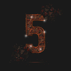 Abstract isolated orange image of a number five. Polygonal illustration looks like stars in the blask night sky in spase or flying glass shards. Digital design for website, web, internet. - obrazy, fototapety, plakaty
