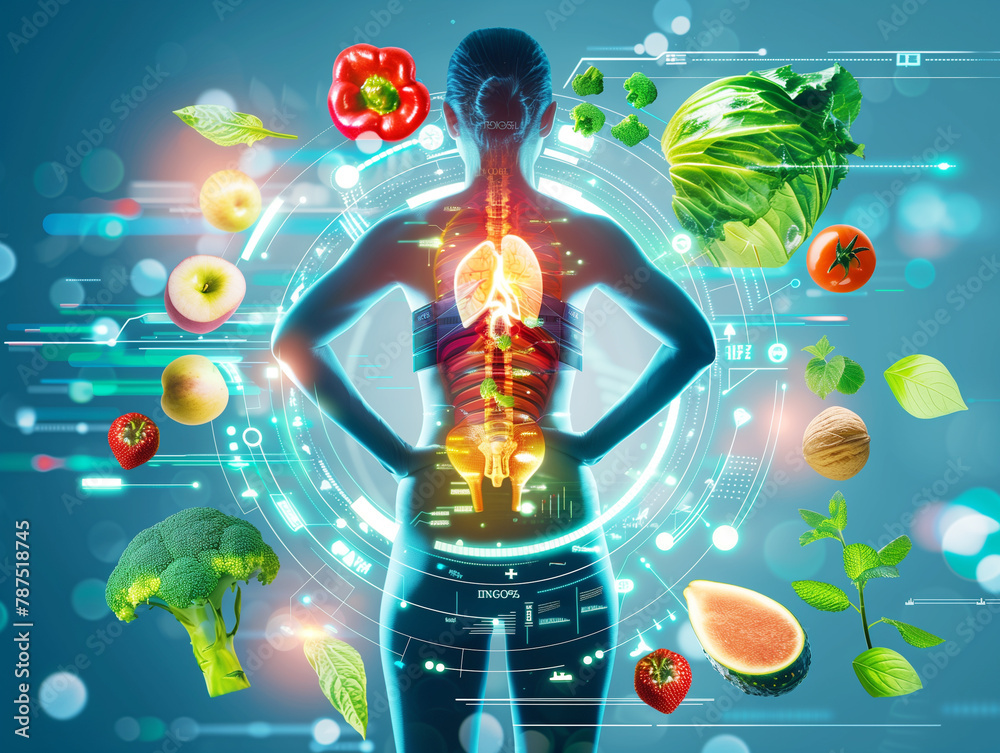 Wall mural Digital diet infographic and steaming vegetables, on background of back of girl in tracksuit. Visualization of metabolism and fat burning.