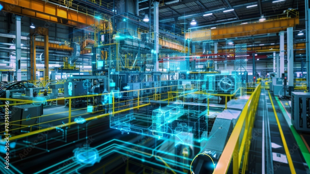 Poster industrial factory with machines in operation