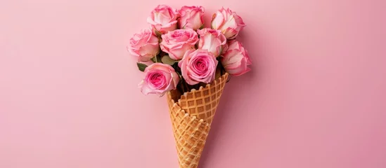 Foto auf Alu-Dibond Flat lay view of a waffle cone filled with a bouquet of roses against a pink background © Vusal
