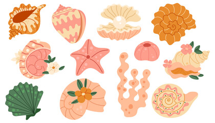 Set of seashells and starfishes. Pearl corral and snail shells. Sea life elements. Vector illustration sea set for poster, card, scrapbooking , stickers.