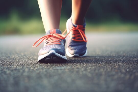 A closeup of a persons legs wearing running shoes on an asphalt road surface, with grass and people in nature in the background