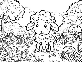Cartoon farm animal sheep in the garden. Children coloring book. Generative ai.