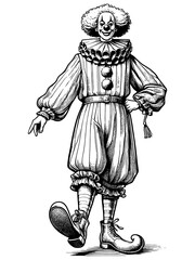 Obraz premium Full length clown, dressed actor in makeup. Sketch board imitation. Raster, generative ai.