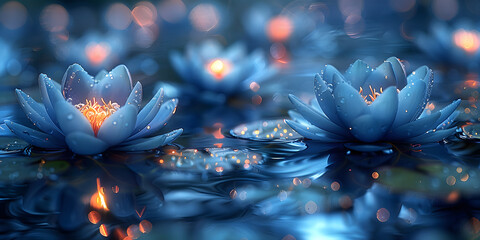 Tranquil Blue-Indigo Lake Reflecting Soothing Psychic Waves and Radiant Lotus Blossoms